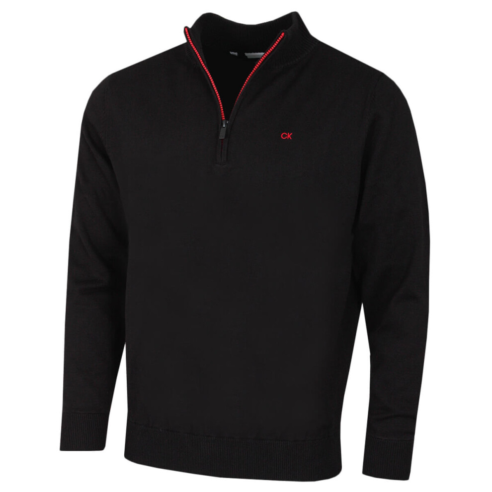 (S, Black/Red) Calvin Klein Mens Heather Half Zip Soft Feel Easy Care Sweater