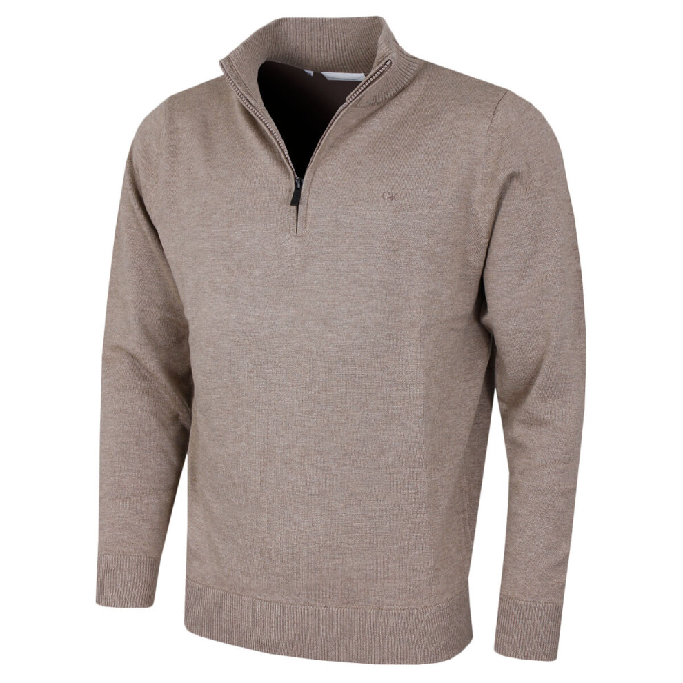 (L, Oat Marl) Calvin Klein Mens 2024 Campus 1/2 Zip Soft Feel Easy Care Sweater