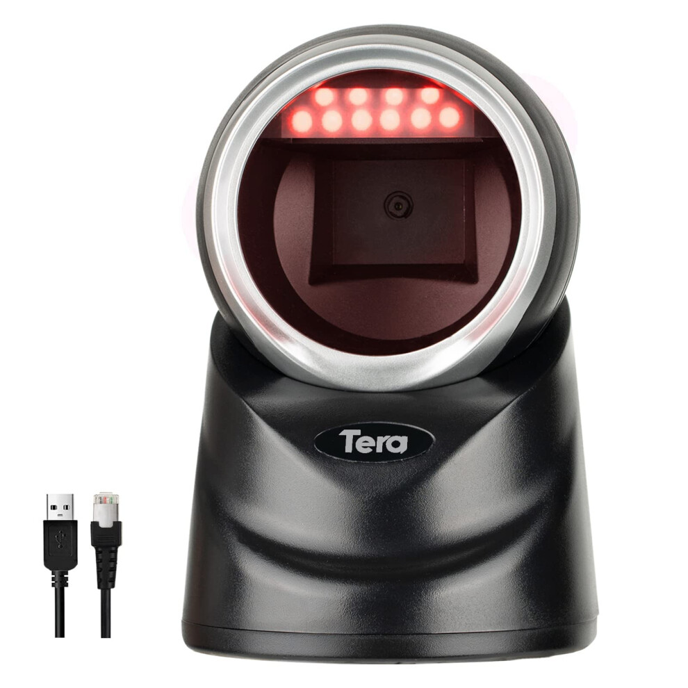 Tera Pro 2D QR Desktop Barcode Scanner Omnidirectional Adjustable Scan Head, USB Wired Handsfree Platform Automatic Bar Code Reader, 9100