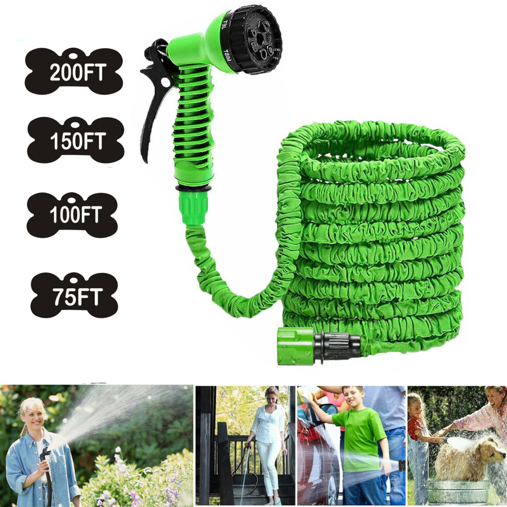 (Green,200FT) Expandable Garden Hose High Pressure with 7 Function Sprayer Nozzle Flexible Collapsible Washing Pipe with 2 Connectors
