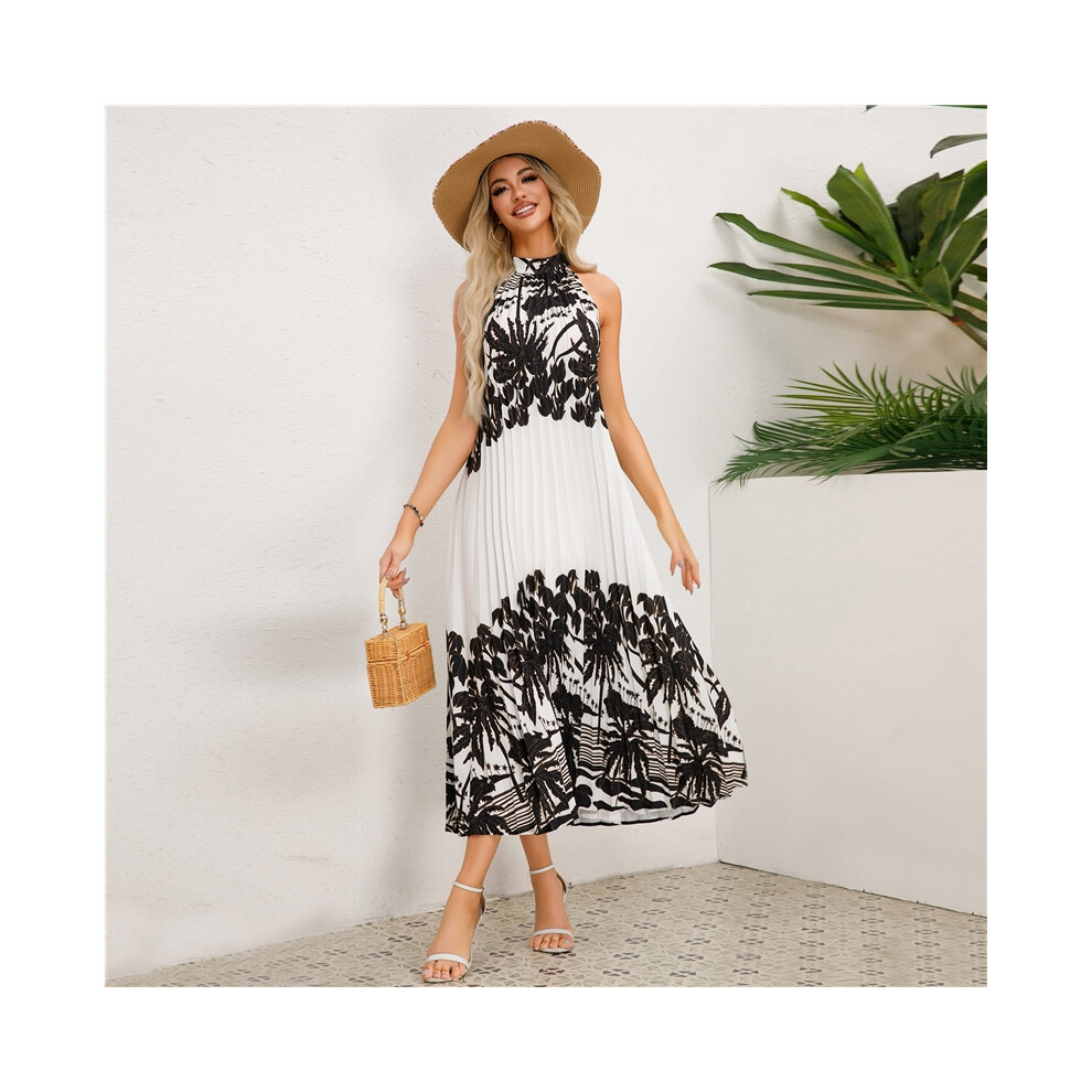 (BLACK, M) Stand Collar Sleeveless Pleated Printed Skirt Loose Long Dress-image-OPC-PDMZ2KV-NEW