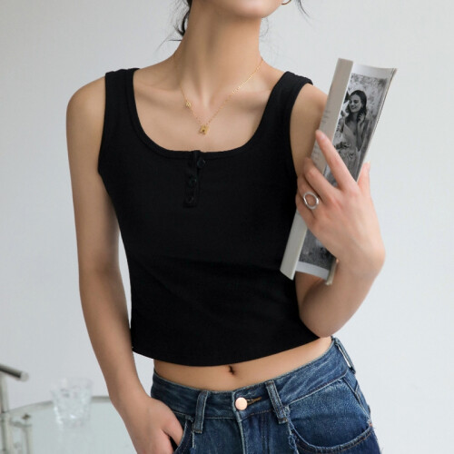 (BLACK, L) Solid Color U-Neck Sleeveless High Stretch Slim Vest