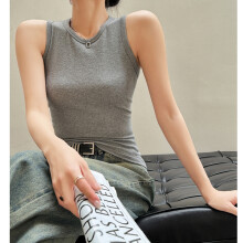 (GRAY, M) Solid Color Crewneck Sleeveless High Stretch Slim Vest
