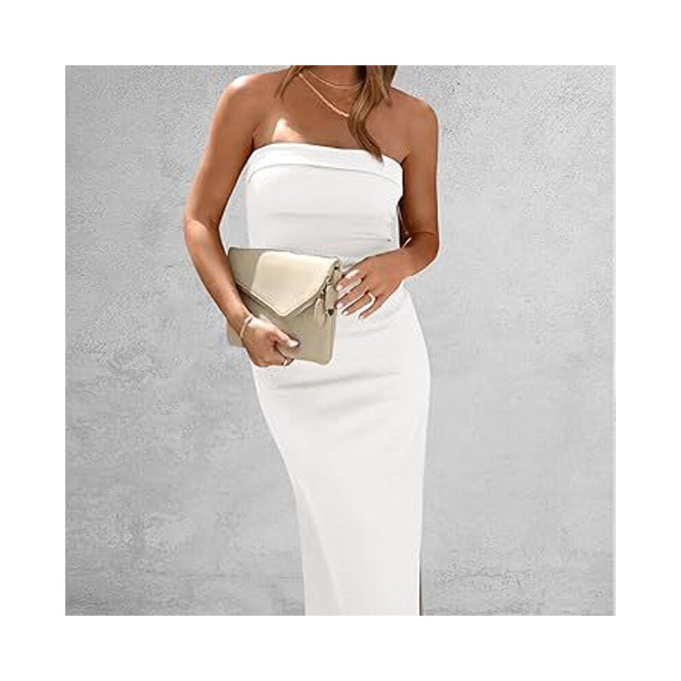 (WHITE, L) Solid Color Strapless Tube Side Slit Skinny Long Evening Dress