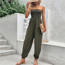 (ARMY GREEN, L) Sexy Tube Top Lace-Up Waist Slimming Jumpsuit