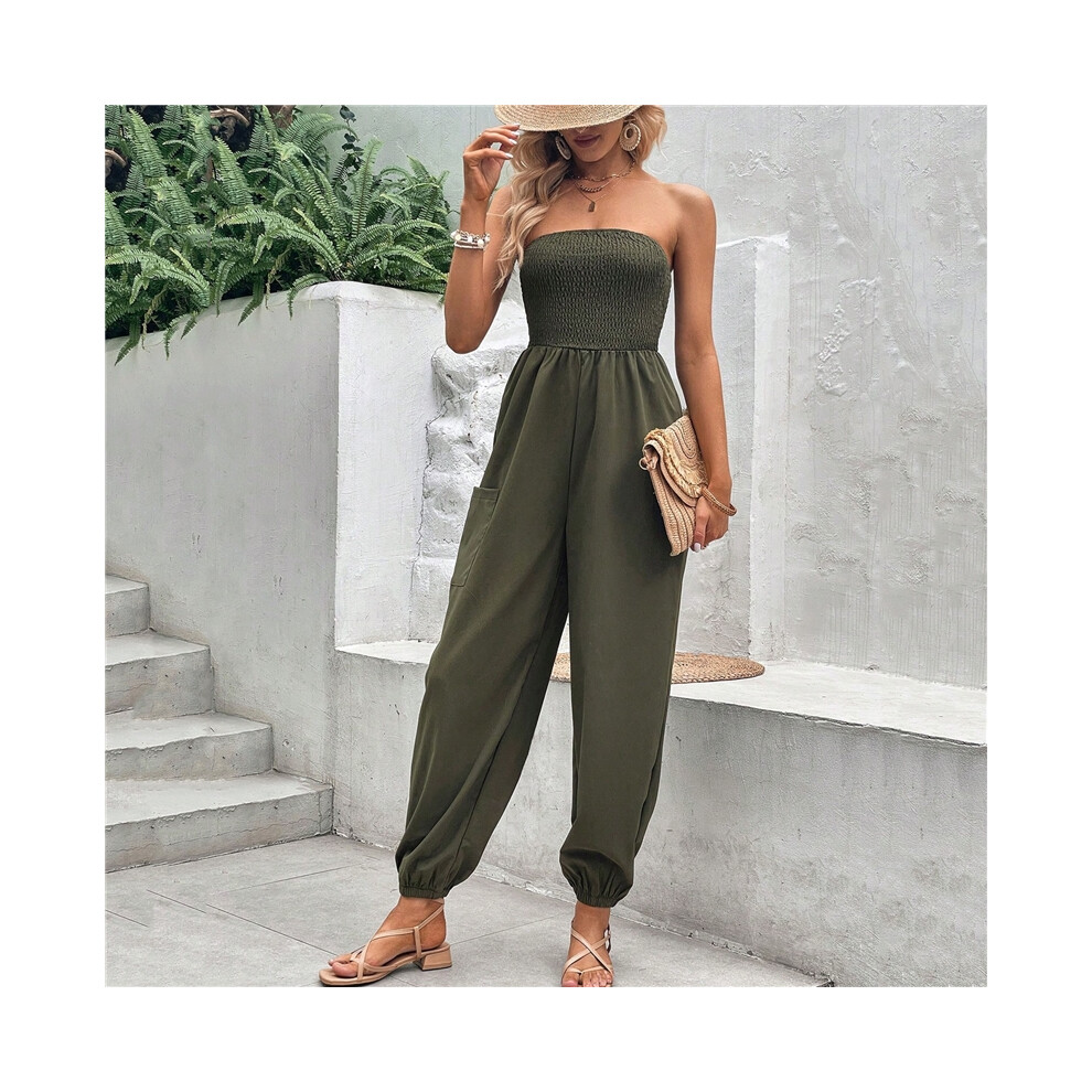 (ARMY GREEN, L) Sexy Tube Top Lace-Up Waist Slimming Jumpsuit-image-OPC-PDMZ6SP-NEW