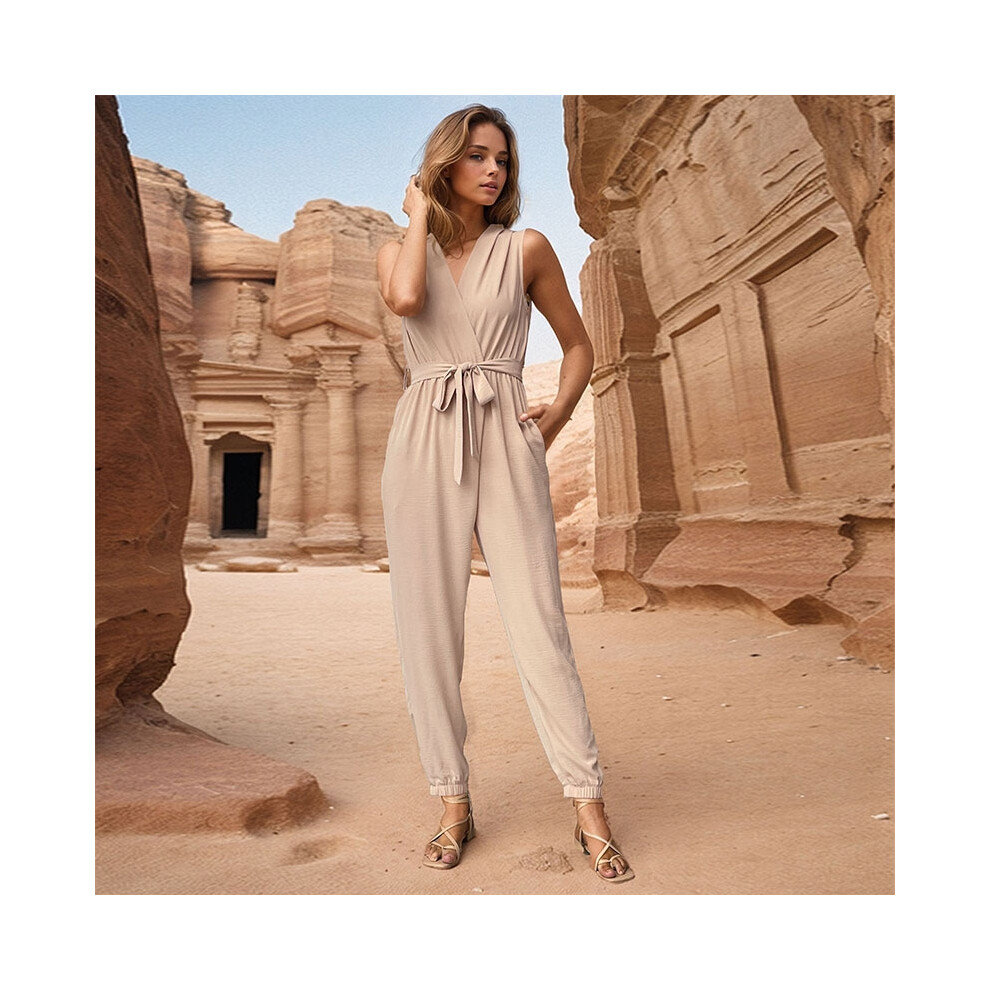 (Apricot , S) Solid Color Commuter Lace-Up V-Neck Sleeveless Vest Jumpsuit-image-OPC-PDMZ6TB-NEW