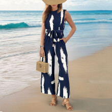 (BLUE, S) Colorblock Round Neck Lace-Up Waist Slimming Sleeveless Printed Wide-Leg Jumpsuit