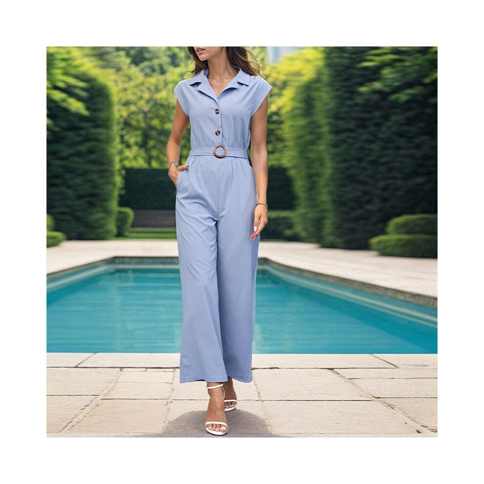 (BLUE, M) Summer Button-Down Lapel Commuter Style Solid Color Straight Jumpsuit-image-OPC-PDMZ6W7-NEW