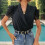 (BLACK, XL) Temperament Commuting V-Neck Shirt Mesh Splicing Wrap Jumpsuit 1