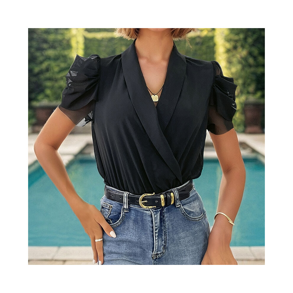 (BLACK, XL) Temperament Commuting V-Neck Shirt Mesh Splicing Wrap Jumpsuit-image-OPC-PDMZ6VW-NEW