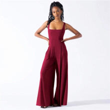 (Red , S) Fashionable Casual Solid Color Knitted Sexy Suspender Wide Leg Jumpsuit