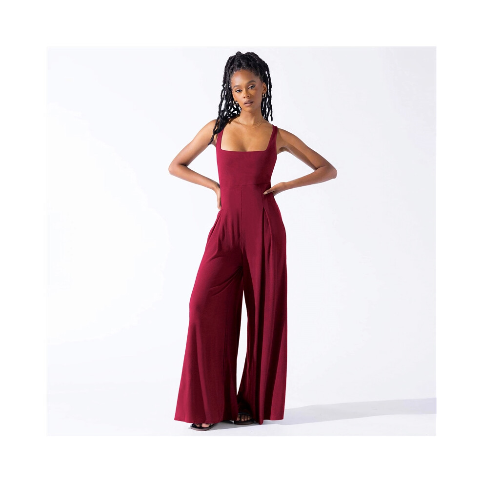 (Red , M) Fashionable Casual Solid Color Knitted Sexy Suspender Wide Leg Jumpsuit-image-OPC-PDMZ6X5-NEW