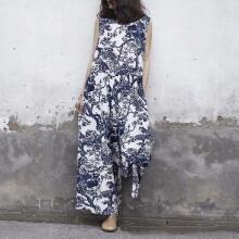(WHITE, XL) Printing Retro Casual Loose Sleeveless Crewneck Wide Leg Jumpsuits
