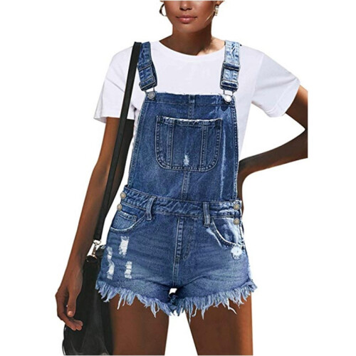 (LIGHT BLUE, 2XL) Denim Hole Jumpsuit With Perforated Shoulder Straps