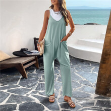 (PEA GREEN, M) Casual Solid Color Slim Fit Jumpsuit