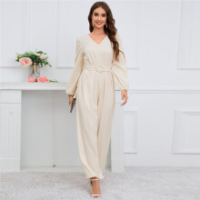 (Apricot , XL) Casual Solid Color V-Neck Long-Sleeved Belted Straight Jumpsuit