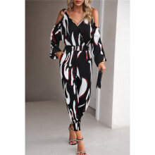 (BLACK, S) Color Block Off-The-Shoulder Waisted Jumpsuit