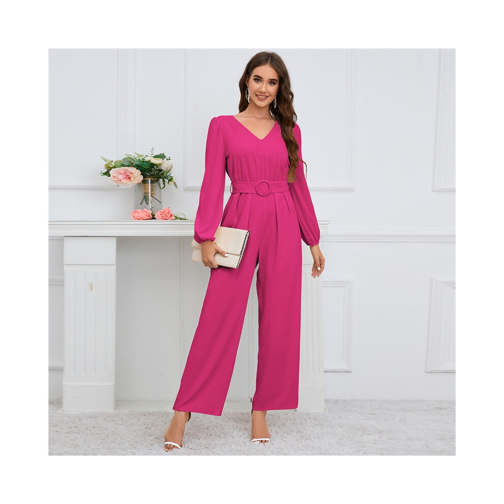 (ROSE RED, S) Casual Solid Color V-Neck Long-Sleeved Belted Straight Jumpsuit-image-OPC-PDMZ7GM-NEW