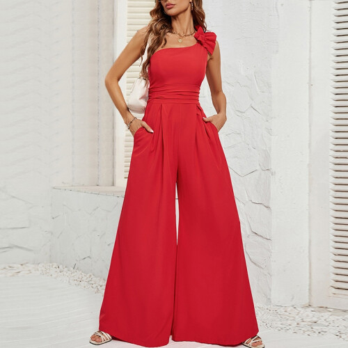 (Red , L) Solid Color Sleeveless One Shoulder Wide Leg Jumpsuits