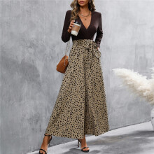 (Brown , S) Patchwork Long Sleeves V-Neck Bandage Polka Dots Wide Leg Jumpsuits