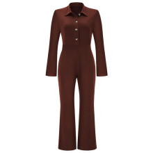 (COFFEE, M) Solid Color Long Sleeves Lapel High Waisted Casual Jumpsuits