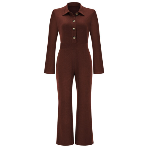 (COFFEE, M) Solid Color Long Sleeves Lapel High Waisted Casual Jumpsuits
