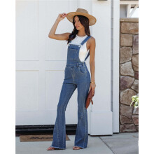 (BLUE, L) Solid Denim Flare Jumpsuit