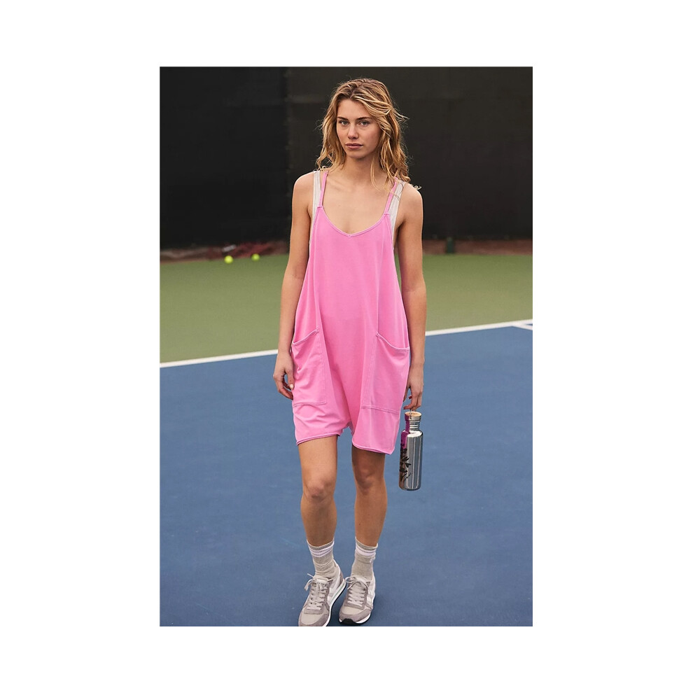 (PINK, XL) Solid Color Sleeveless Spaghetti Straps Casual Loose Short Jumpsuits-image-OPC-PDMZ7SV-NEW