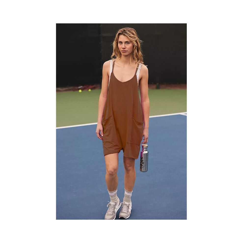 (CARAMEL, S) Solid Color Sleeveless Spaghetti Straps Casual Loose Short Jumpsuits-image-OPC-PDMZ7TG-NEW