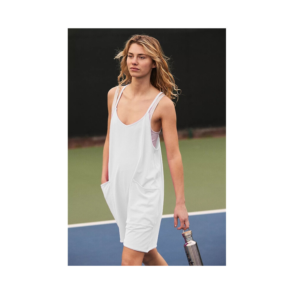 (WHITE, L) Solid Color Sleeveless Spaghetti Straps Casual Loose Short Jumpsuits-image-OPC-PDMZ7S6-NEW