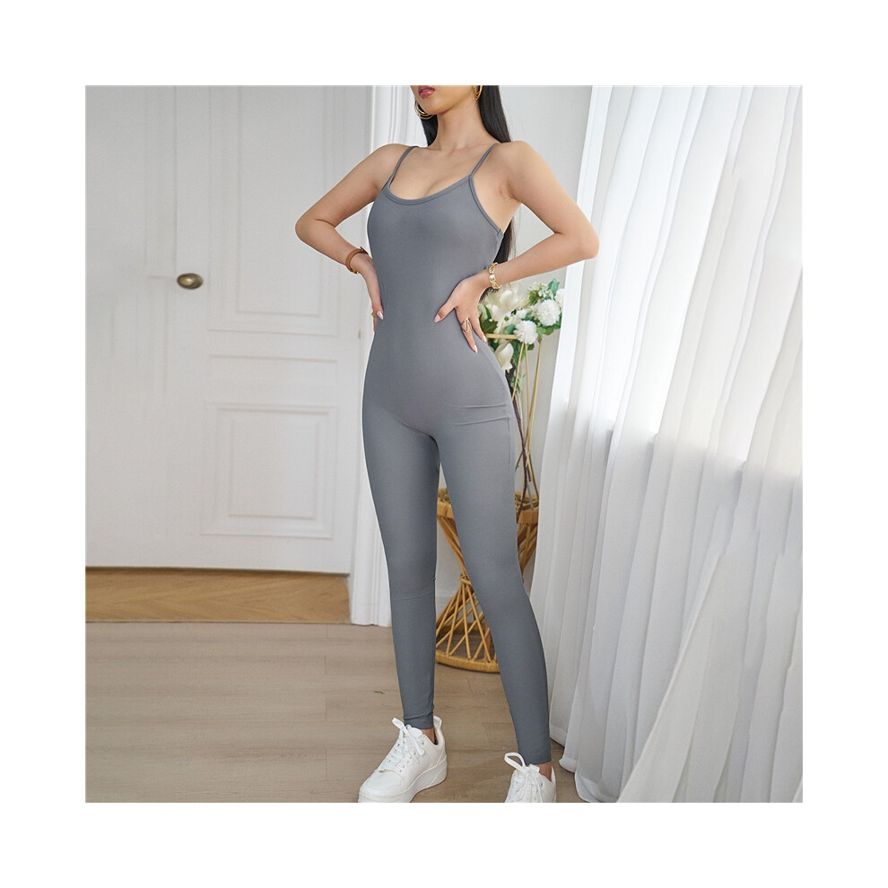 (GRAY, L) Solid Spaghetti Strap Stretch Sports Jumpsuit-image-OPC-PDMZ7W7-NEW