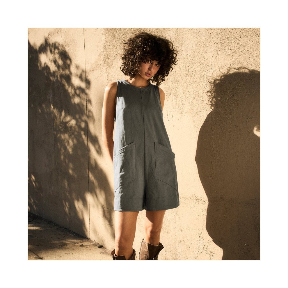 (DEEP GRAY, M) Solid Color Crewneck Sleeveless Casual Loose Rompers-image-OPC-PDMZ7X8-NEW