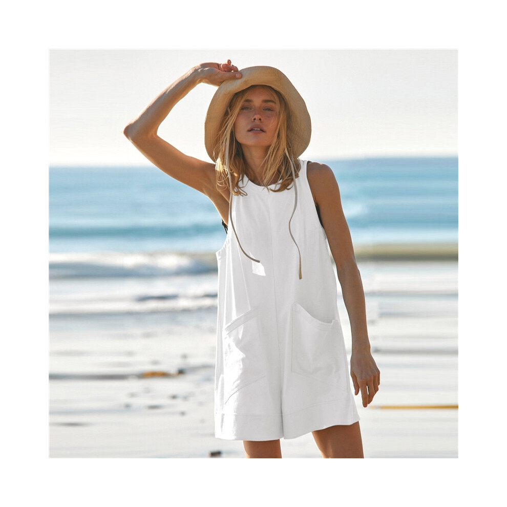 (CREAMY, S) Solid Color Crewneck Sleeveless Casual Loose Rompers-image-OPC-PDMZ7XF-NEW