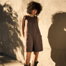 (COFFEE, S) Solid Color Crewneck Sleeveless Casual Loose Rompers