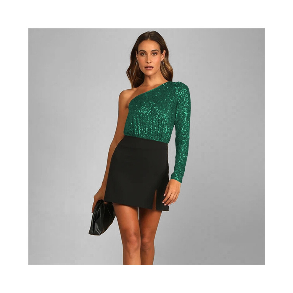 (GREEN, M) One Sleeve Sequins Brief Patchwork Skinny Rompers-image-OPC-PDMZ88N-NEW