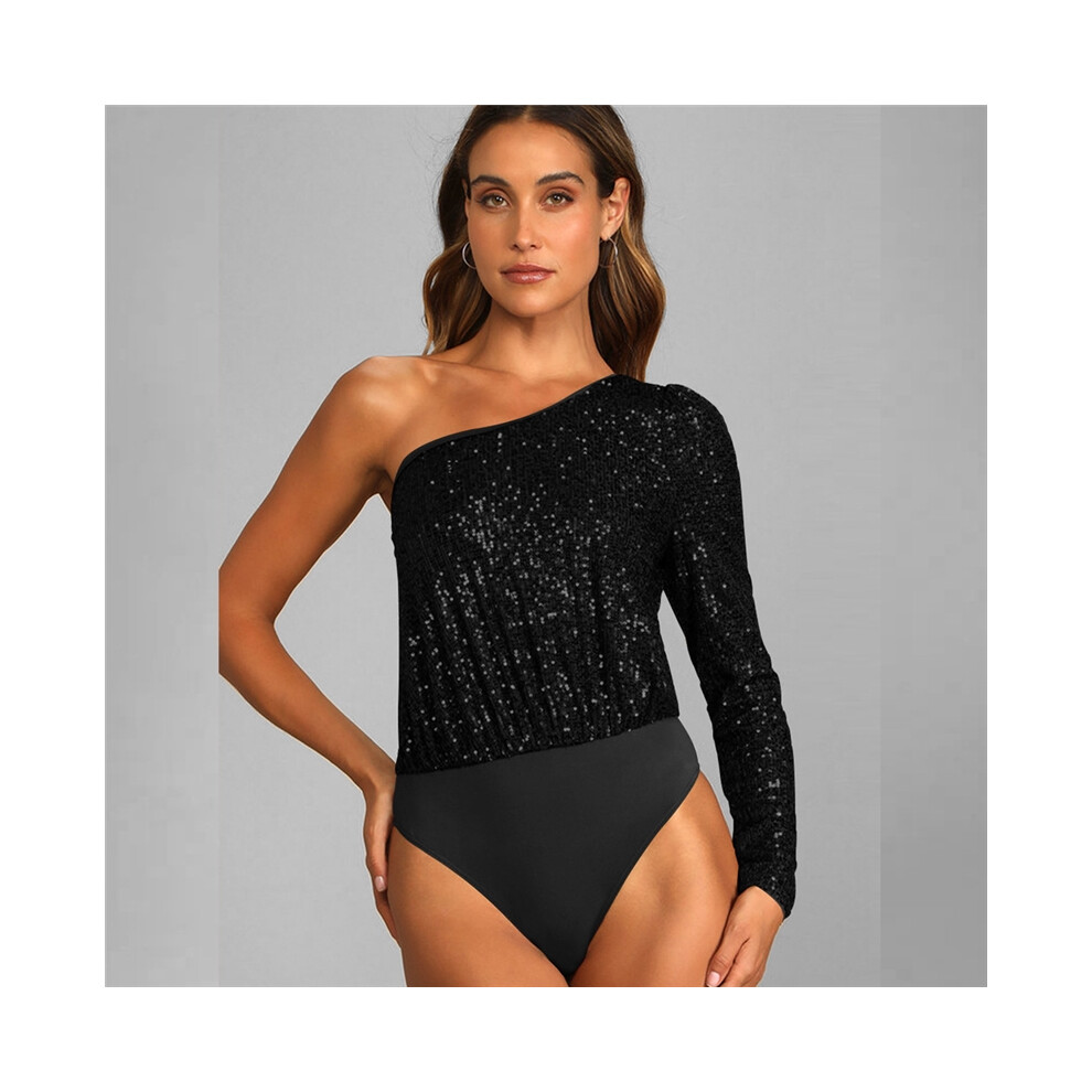 (BLACK, M) One Sleeve Sequins Brief Patchwork Skinny Rompers-image-OPC-PDMZ88B-NEW