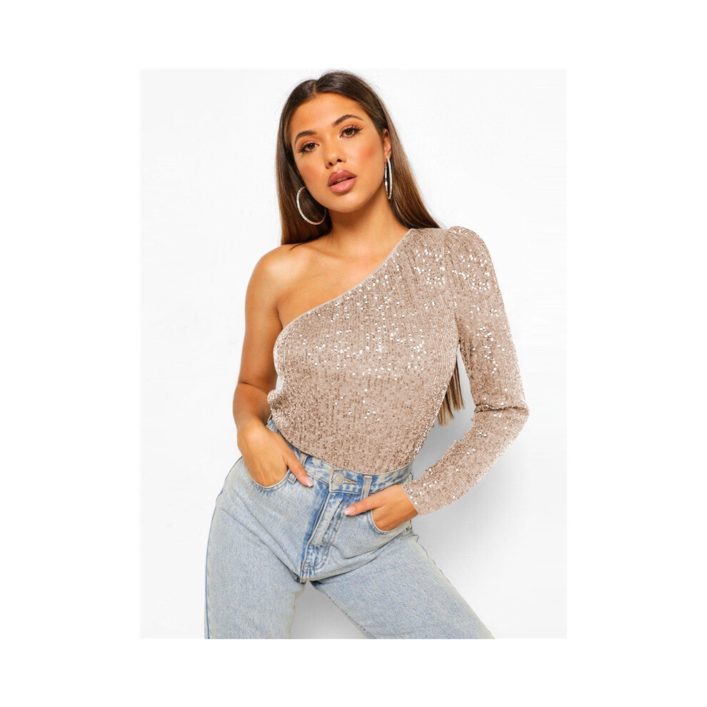 (Apricot , S) One Sleeve Sequins Brief Patchwork Skinny Rompers-image-OPC-PDMZ896-NEW