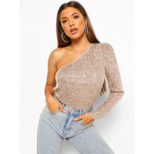 (Apricot , M) One Sleeve Sequins Brief Patchwork Skinny Rompers