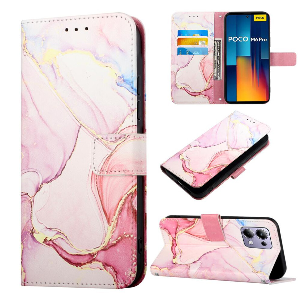 (Pink) Case For Xiaomi Poco M6 Pro 4G Marble Pattern Pu Leather Kickstand Wallet Pink 764762588113