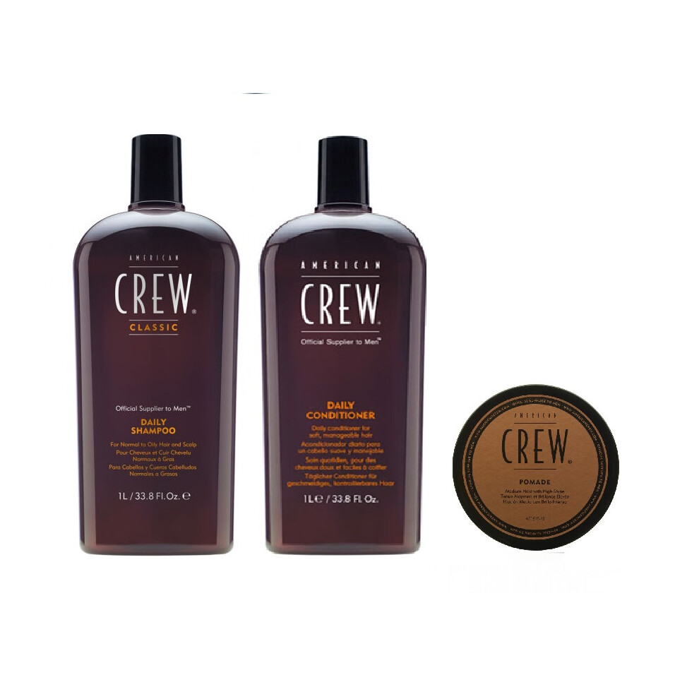 American Crew Daily Moisturizing Shampoo 1000ml, Conditioner 1000ml and Pomade 85g