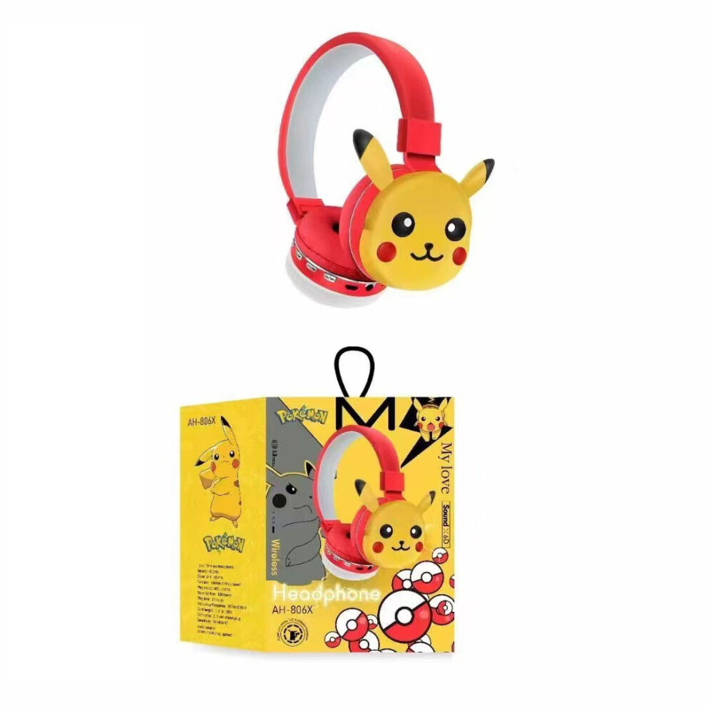 (Pikachu Red) Kids Headset Cartoon Wireless Bluetooth Headphones