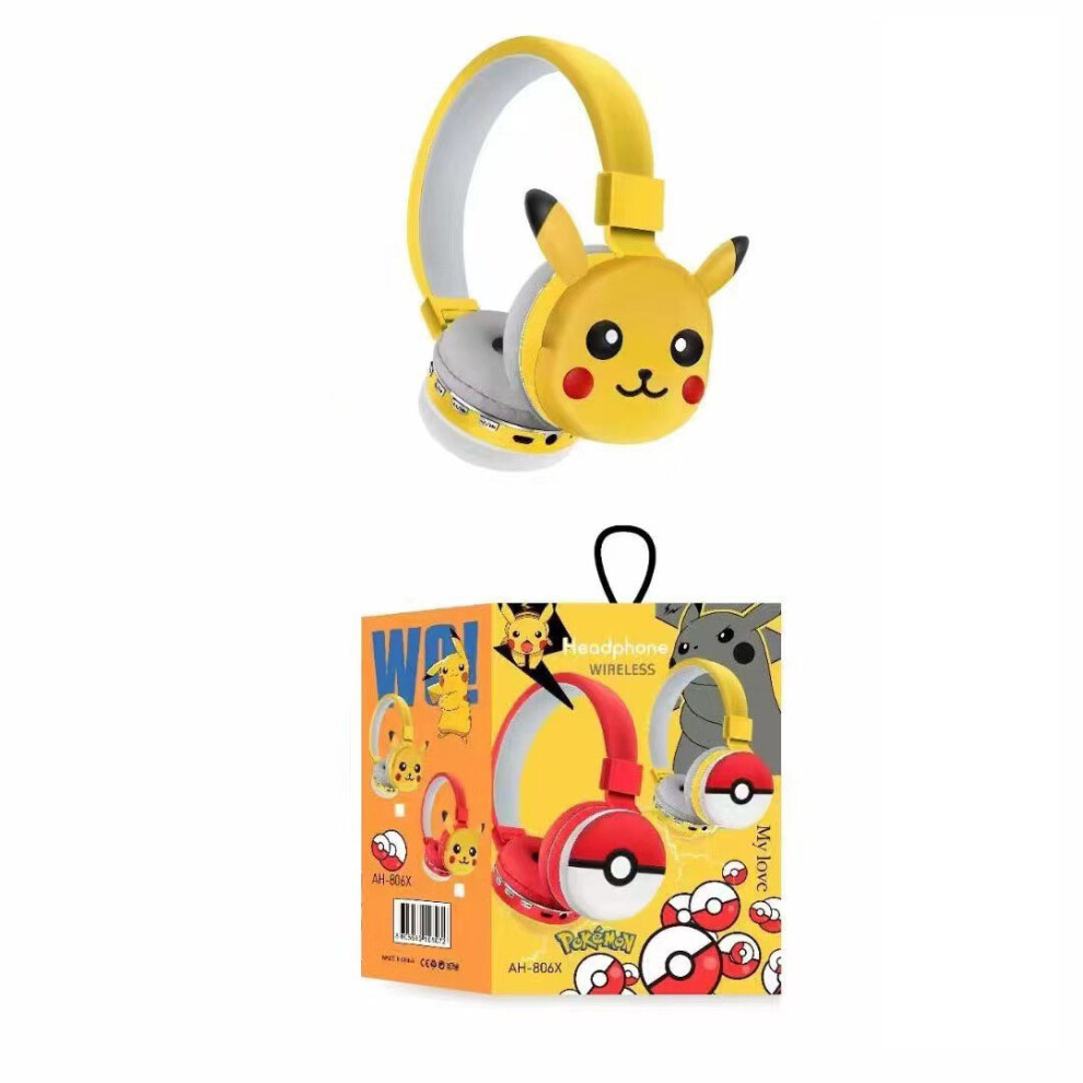 (Pikachu Yellow) Kids Headset Cartoon Wireless Bluetooth Headphones