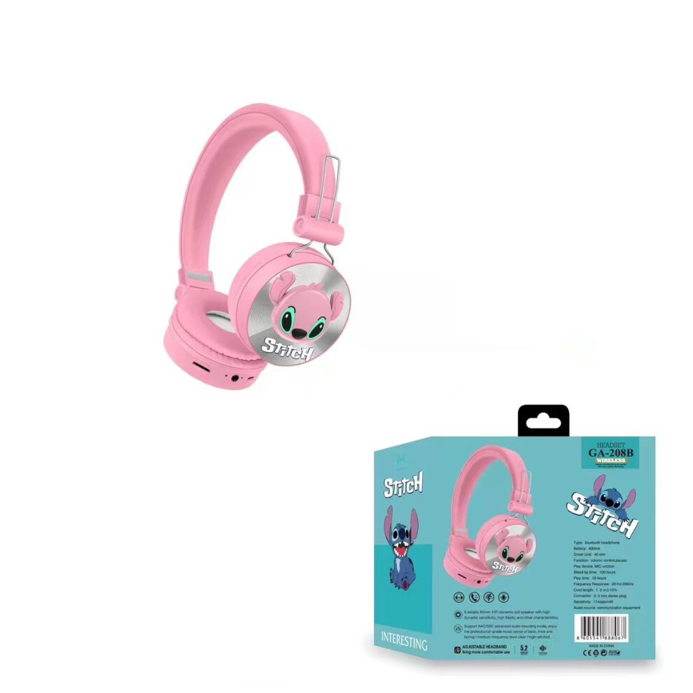 (Stitch Pink02) Kids Headset Cartoon Wireless Bluetooth Headphones