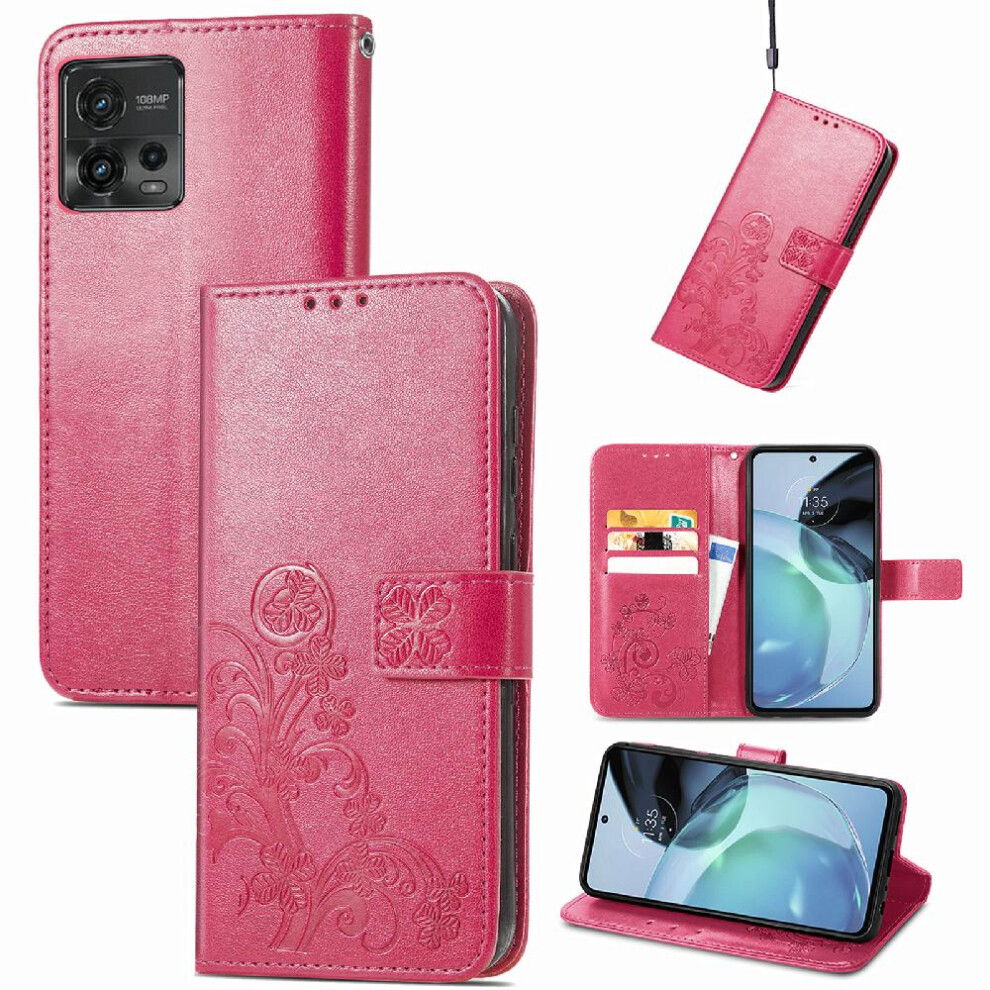 (Pink) Case For Motorola Moto G72 Short Strap Leather Case Exquisite Business Flip Cover Four Leaf Clover Pink 764499959897