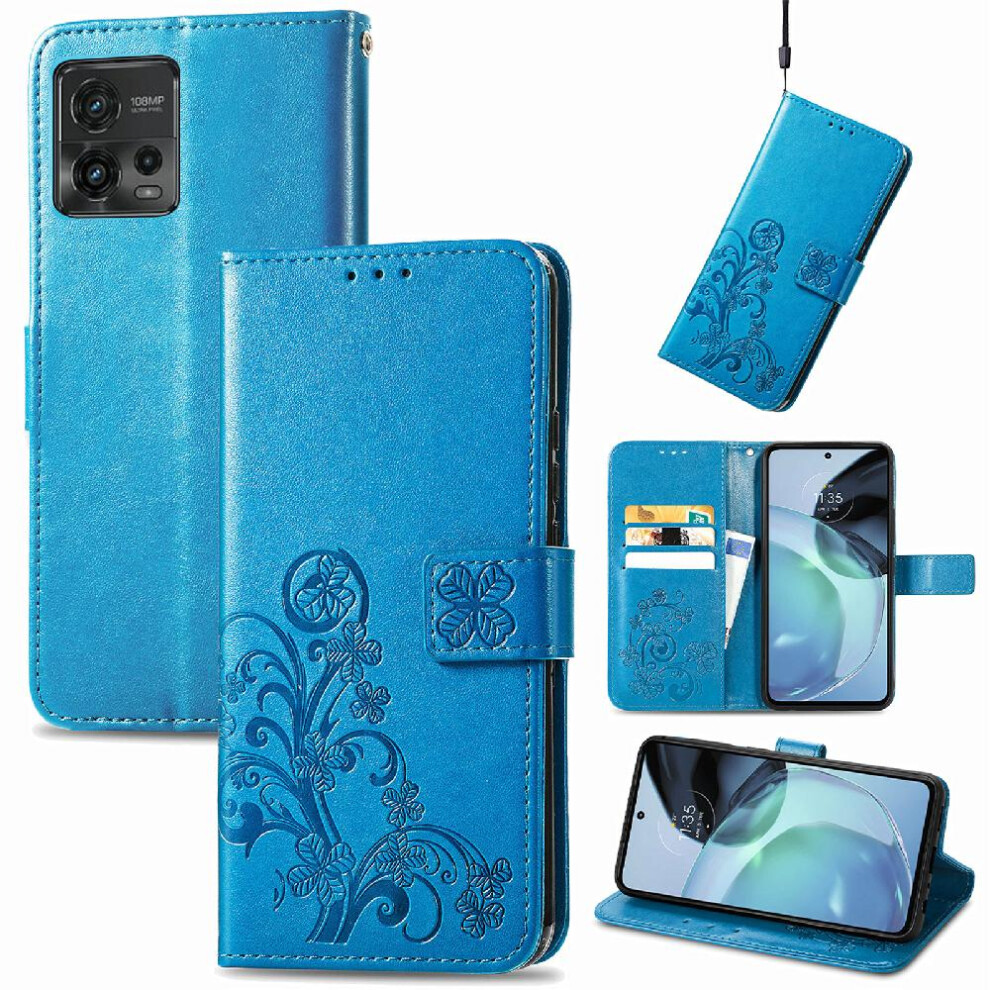 (Blue) Case For Motorola Moto G72 Short Strap Leather Case Exquisite Business Flip Cover Four Leaf Clover Blue 764499959927