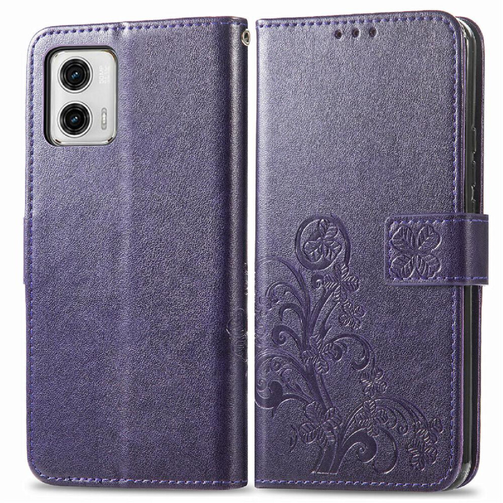 ( Violet) Case For Motorola Moto G73 Four Leaf Clover Flip Cover Short Strap Exquisite Business Leather Case Dark 764499959989