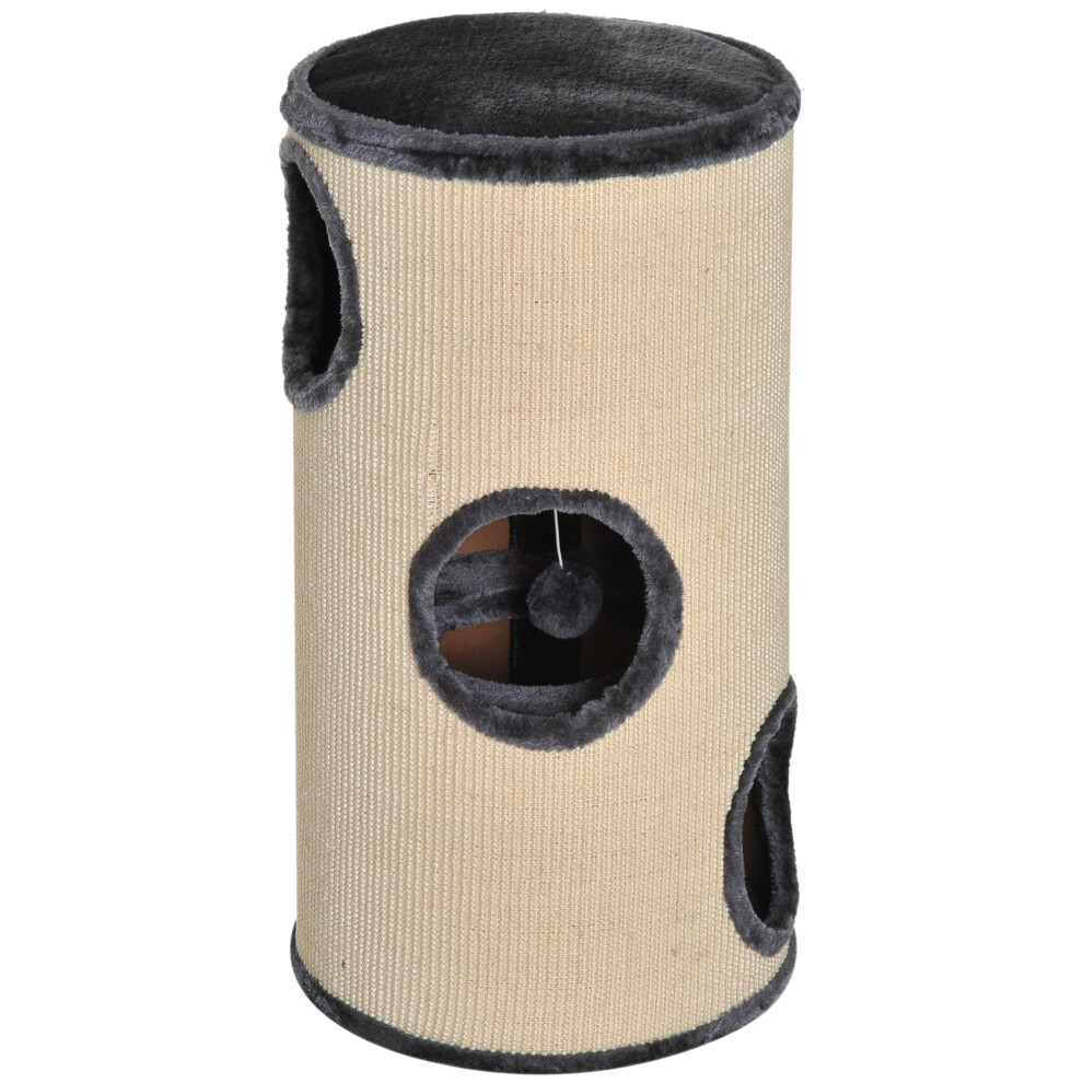 PawHut Cat Scratching Barrel Sisal Activity Center 3 Dens Observation Deck 70H