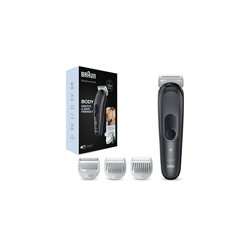 Braun Men's Black/Grey Body Groomer 3, Manscaping Tool For With Skinshield Technology, Sensitive Comb, Wet & Dry, 100% Waterproof,
