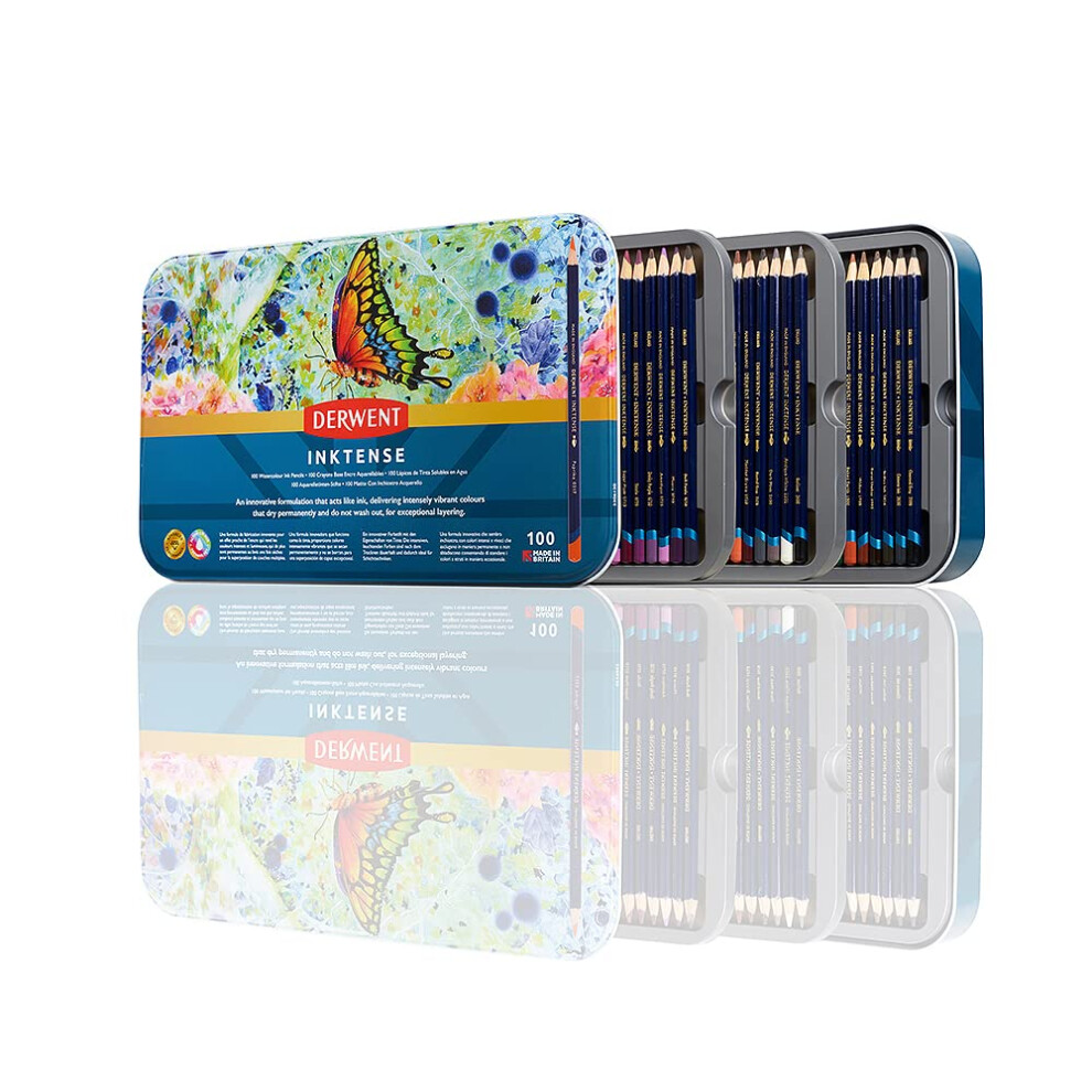 Derwent Inktense Pencils Art Set, 100 Permanent Watercolour Pencils Set in Tin, Premium Coloured Pencils for Adults, 4mm Core, Professional Quality